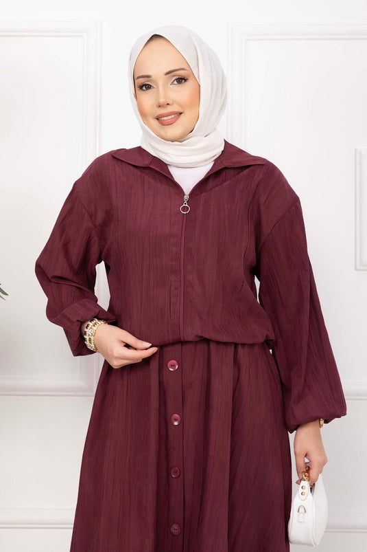 Burgundy Bomber Jacket & Buttoned Skirt Set