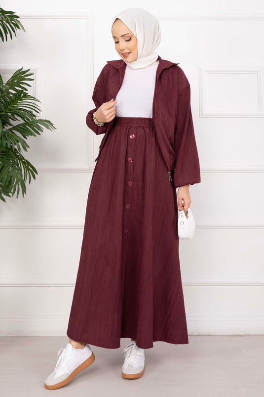 Bomber Ceket & Düğmeli Etek Takım Bordo