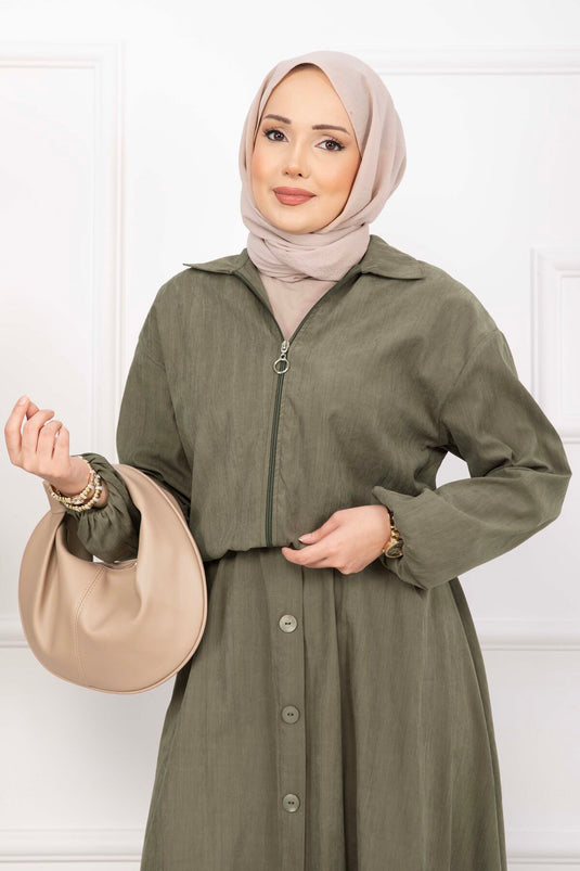 Bomber Jacket & Buttoned Skirt Set Khaki