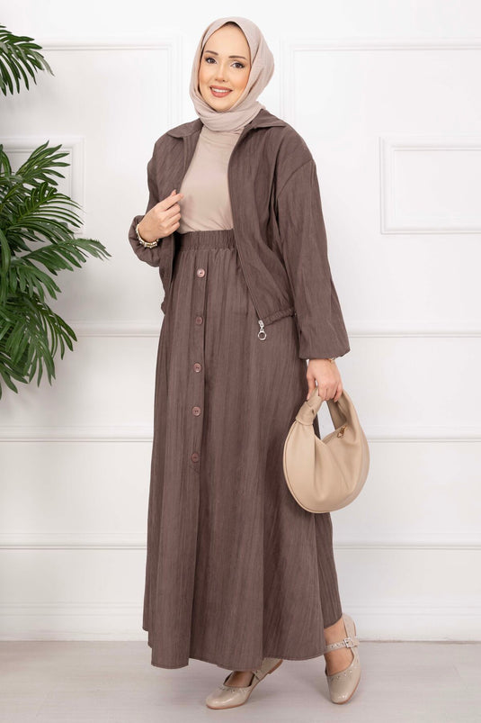Bomber Jacket & Buttoned Skirt Set Brown
