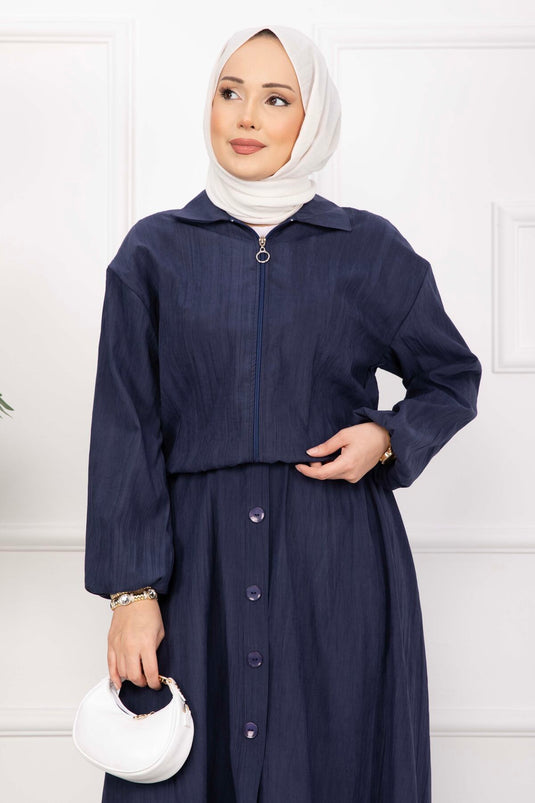 Bomber Jacket & Buttoned Skirt Set Navy Blue