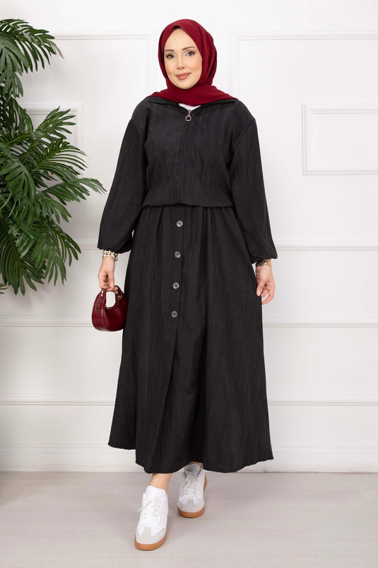 Bomber Jacket & Buttoned Skirt Set Black