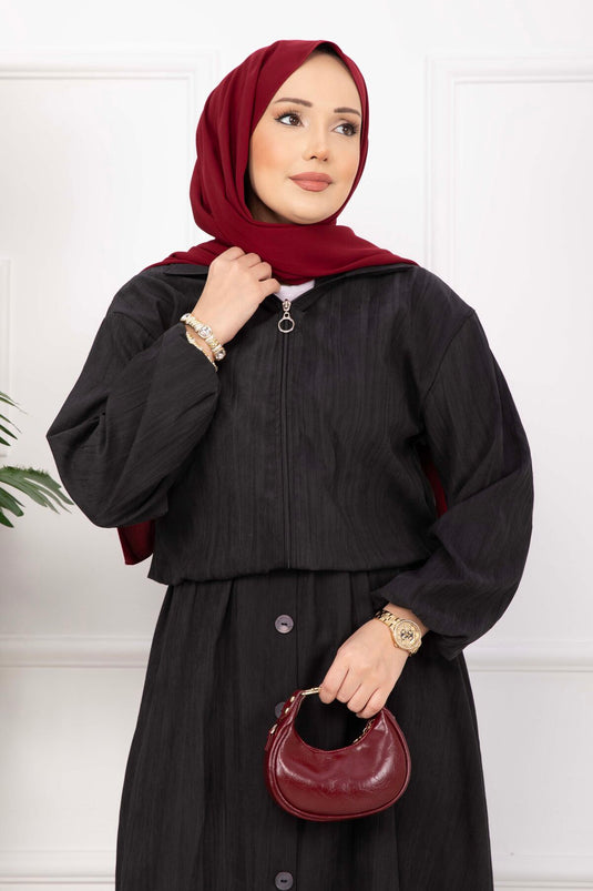 Bomber Jacket & Buttoned Skirt Set Black