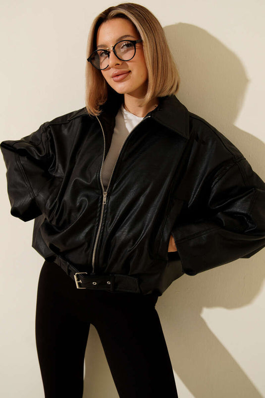 Blouson aviateur avec ceinture, en cuir noir