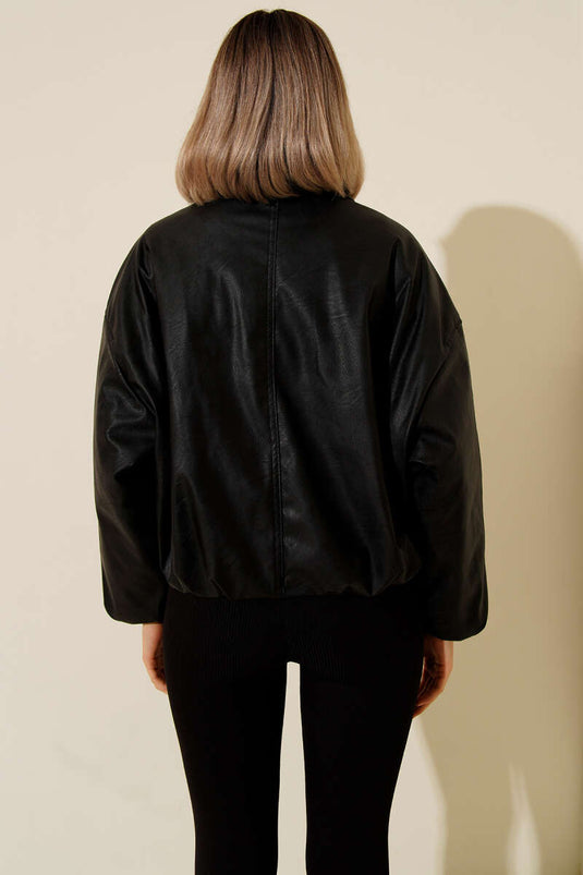 جاكيت بومبر بتفاصيل حزام، جلد أسود