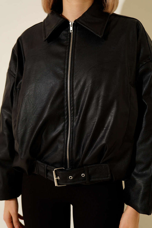 Blouson aviateur avec ceinture, en cuir noir