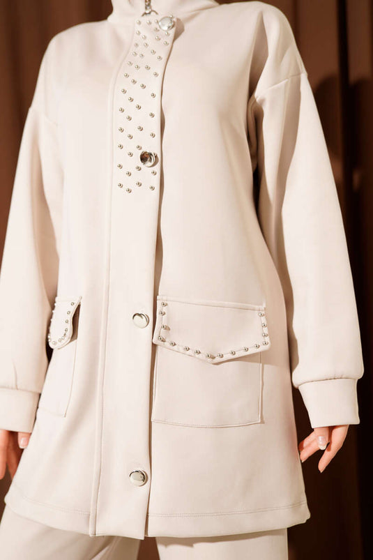 Boncuk Detaylı Scuba İkili Takım Bej