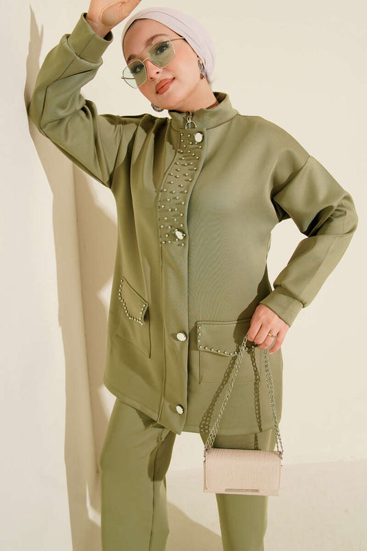 Boncuk Detaylı Scuba İkili Takım Çağla Yeşili