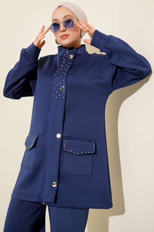 طقم غوص من قطعتين مزين بالخرز، أزرق داكن