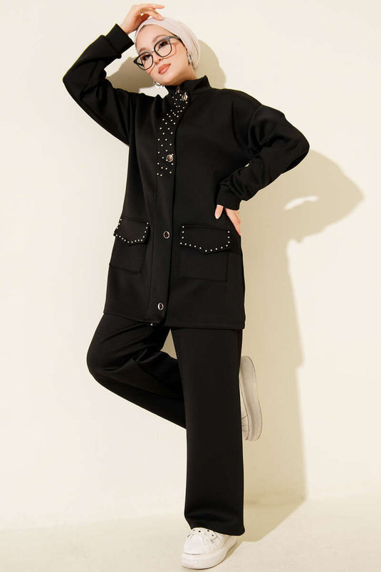 طقم غوص مكون من قطعتين بتفاصيل مطرزة، أسود