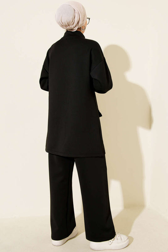 طقم غوص مكون من قطعتين بتفاصيل مطرزة، أسود