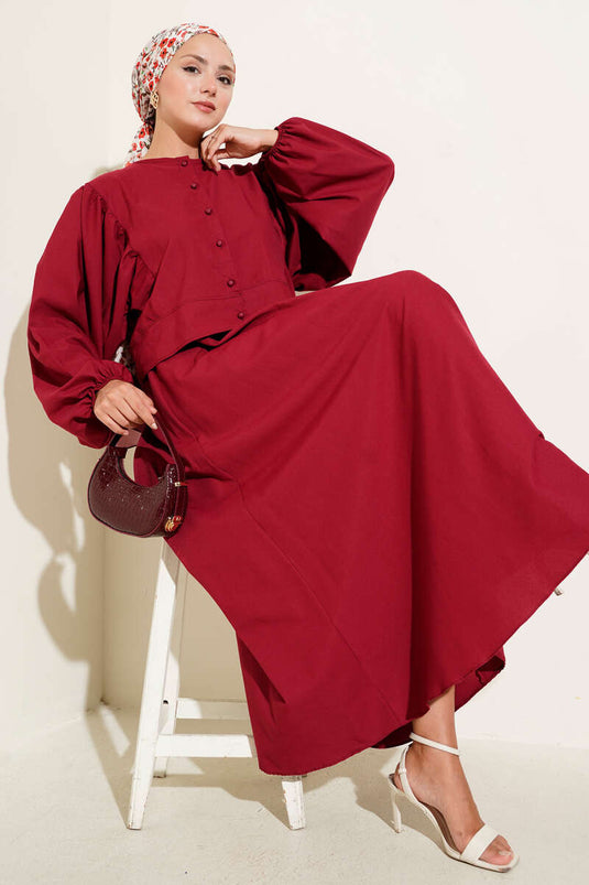 Boncuk Düğmeli Etekli İkili Takım Bordo