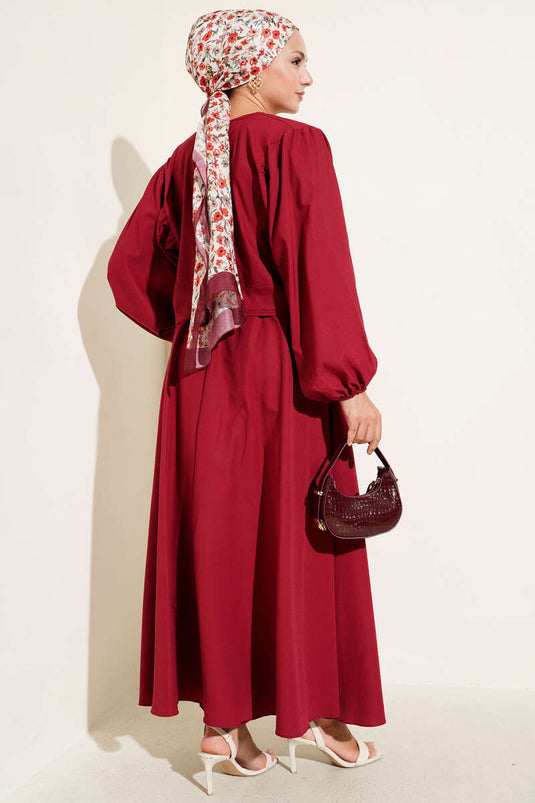 Boncuk Düğmeli Etekli İkili Takım Bordo