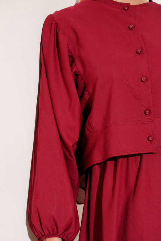 Boncuk Düğmeli Etekli İkili Takım Bordo