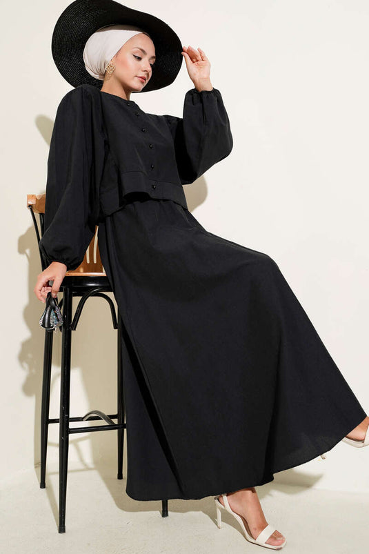 Boncuk Düğmeli Etekli İkili Takım Siyah