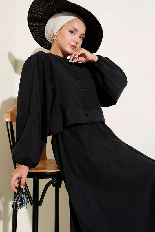 Boncuk Düğmeli Etekli İkili Takım Siyah