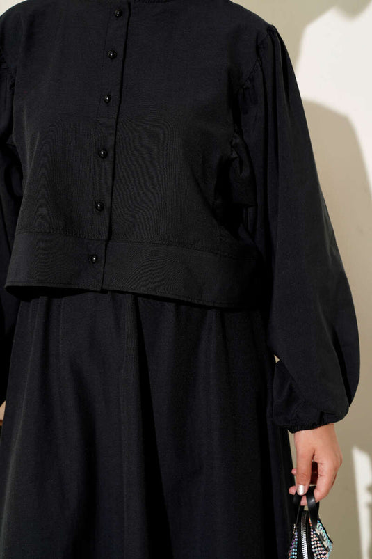 Boncuk Düğmeli Etekli İkili Takım Siyah