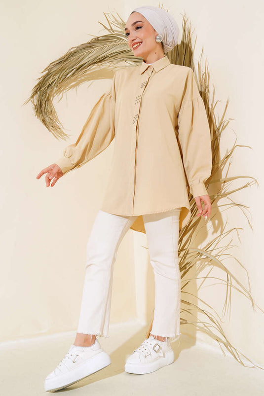 Beaded Embroidered Shirt Beige