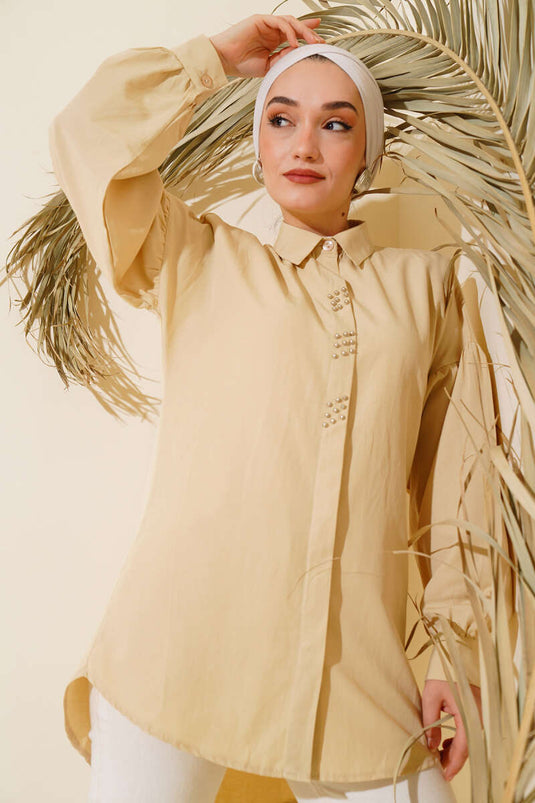 Beaded Embroidered Shirt Beige