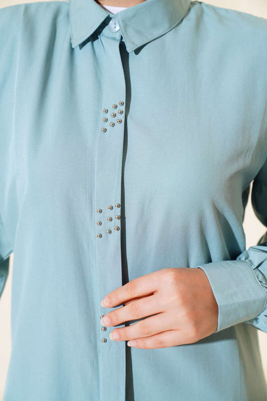 Geborduurd overhemd met kralen, amandelgroen