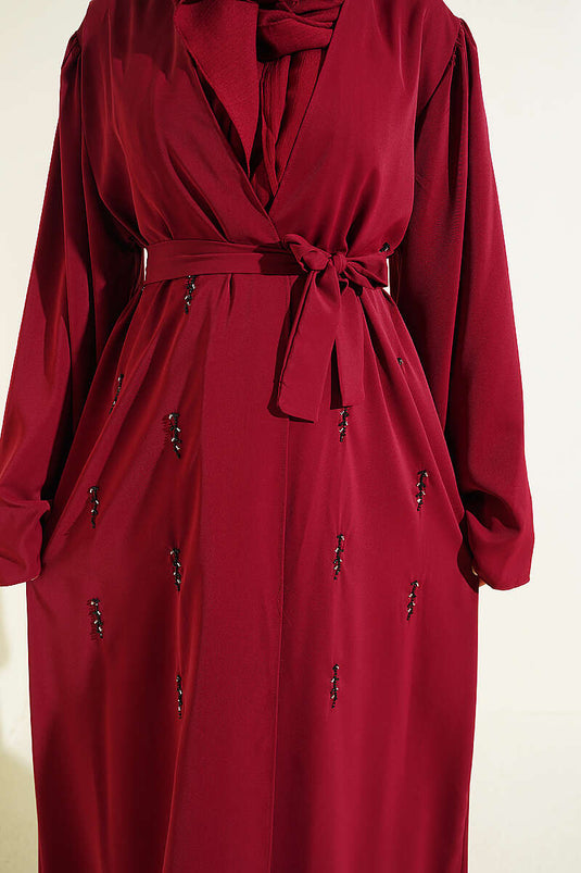 Boncuk İşlemeli Kuşaklı Abaya Bordo