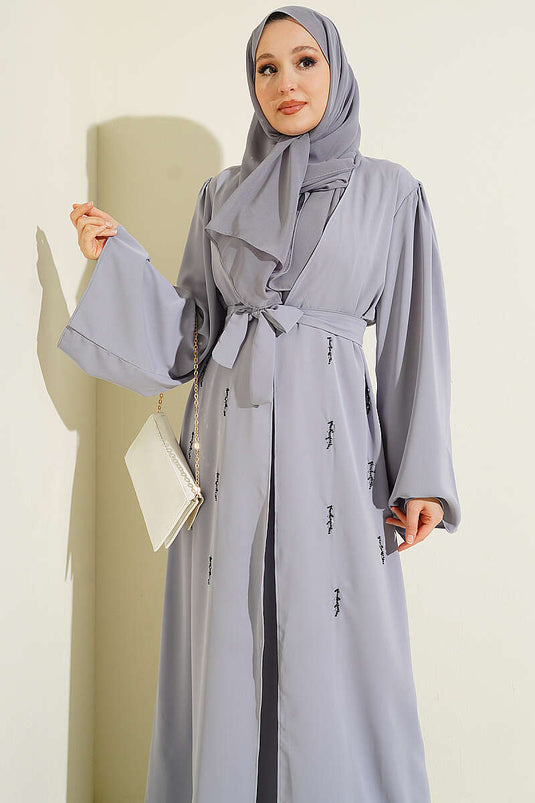 Boncuk İşlemeli Kuşaklı Abaya Gri