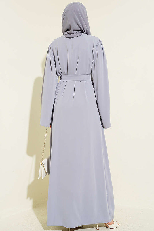 Boncuk İşlemeli Kuşaklı Abaya Gri