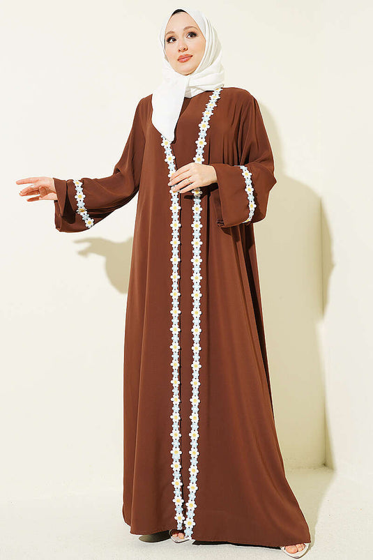 Boncuk İşlemeli Kuşaklı Abaya Kahve