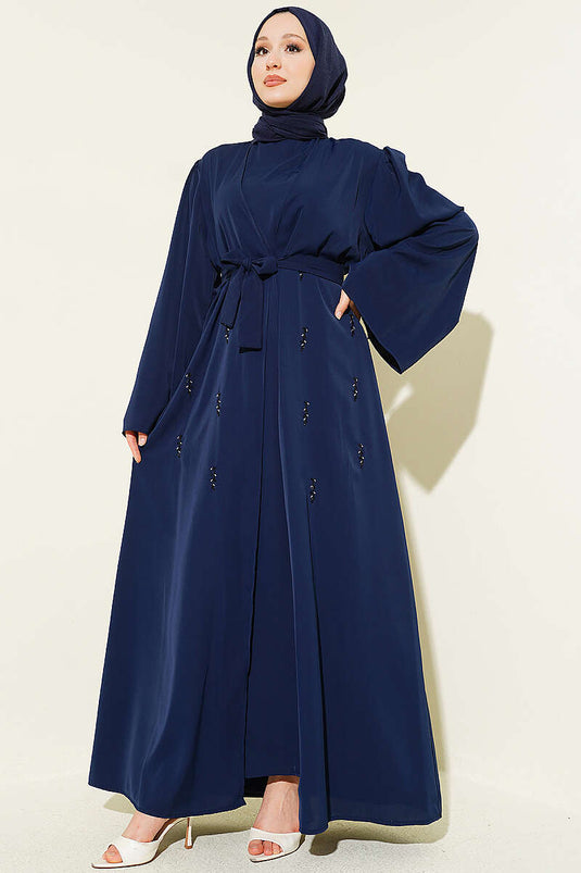Abaya Marine À Perles Et Ceinture