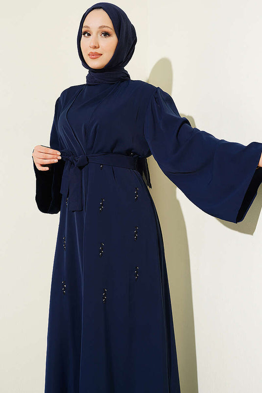 Abaya Marine À Perles Et Ceinture