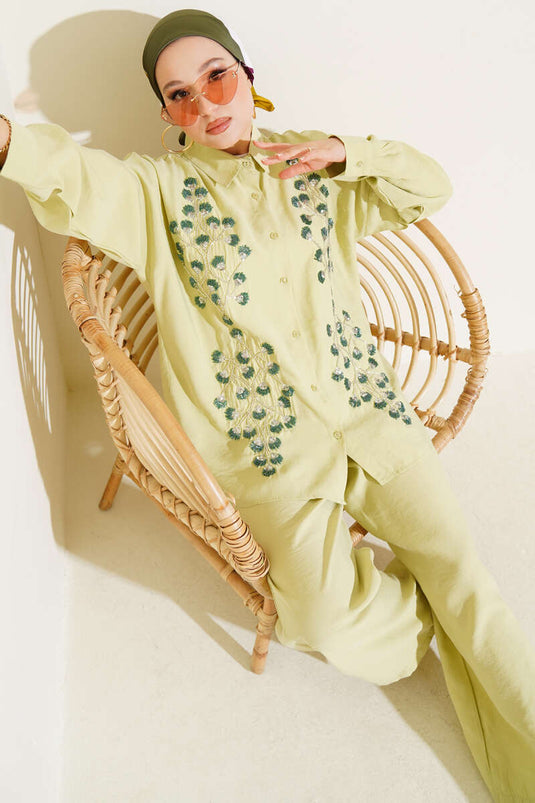 Ensemble deux pièces décontracté brodé de perles, vert amande