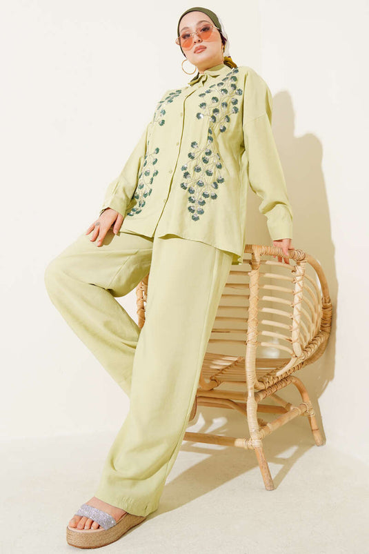 Ensemble deux pièces décontracté brodé de perles, vert amande