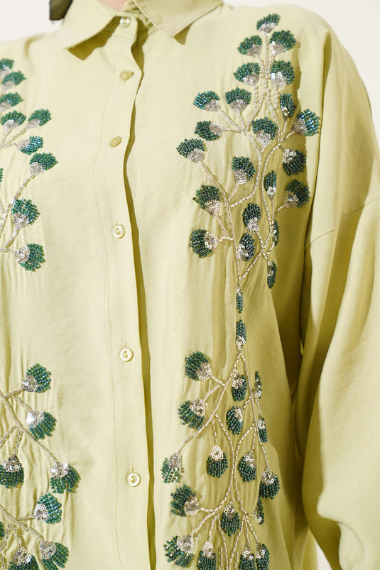 Ensemble deux pièces décontracté brodé de perles, vert amande