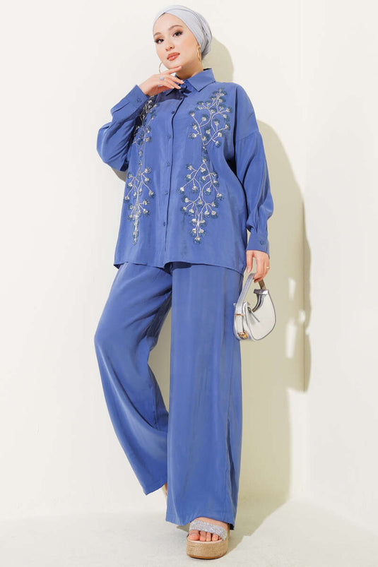 Boncuk İşlemeli Salaş İkili Takım İndigo