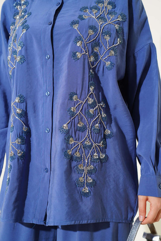 Boncuk İşlemeli Salaş İkili Takım İndigo