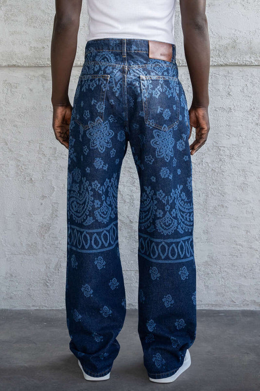 Borok Desenli Erkek Kot Pantolon Mavi