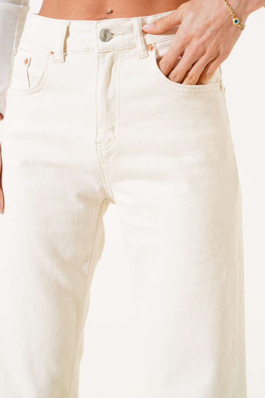 Straight Leg Waist Buttoned Jeans Beige