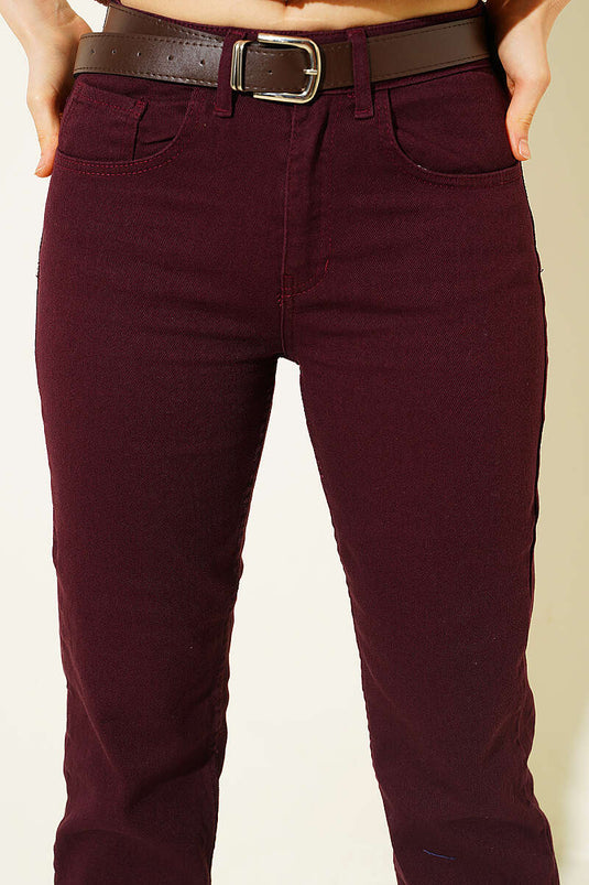 Boru Paça Kemerli Kot Pantolon Mürdüm