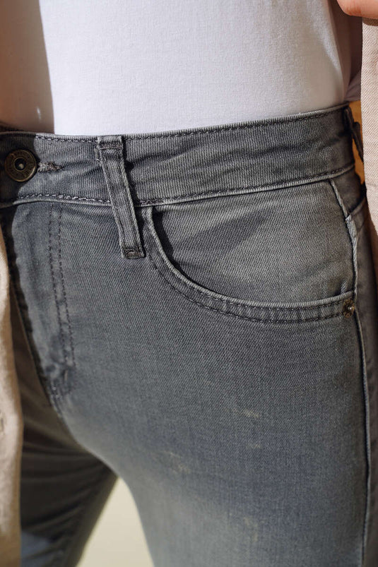 Boru Paça Likralı Kot Pantolon Açık Gri