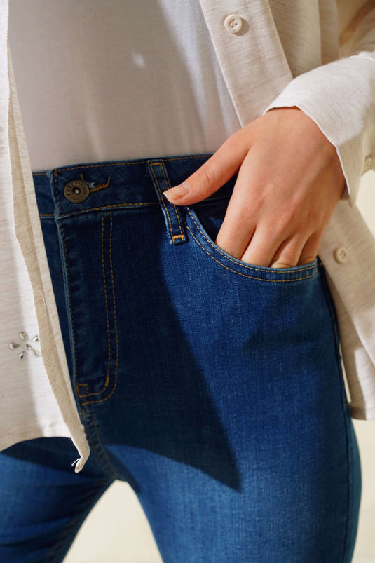 Boru Paça Likralı Kot Pantolon Koyu Mavi