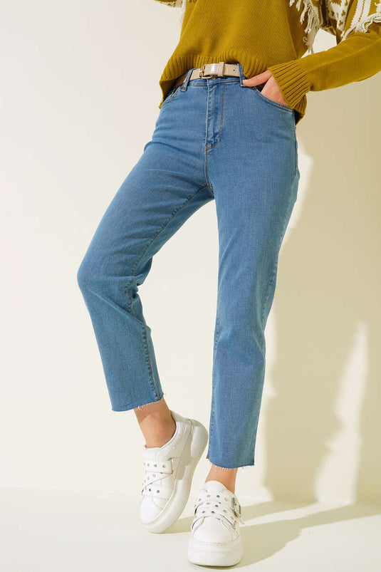 Boru Paça Sökük Jean Pantolon Açık Mavi