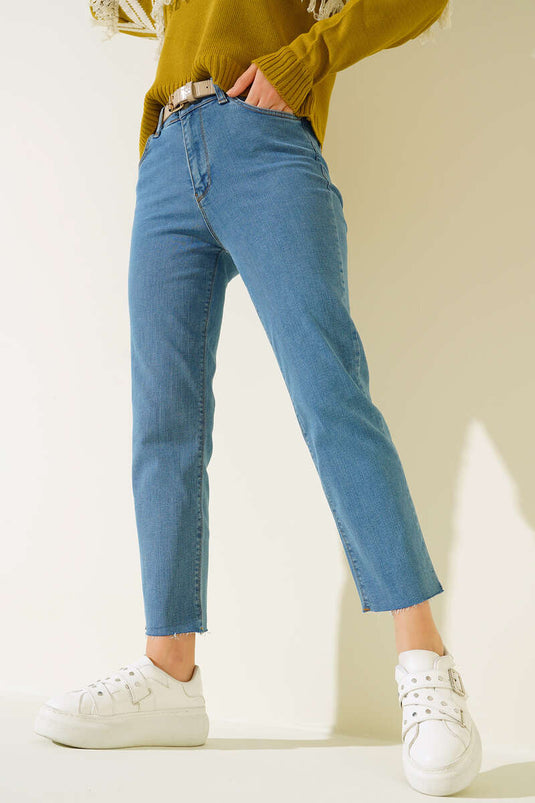 Boru Paça Sökük Jean Pantolon Açık Mavi