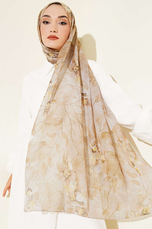 Beige Botanisch Bloemendessin Bamboe Sjaal