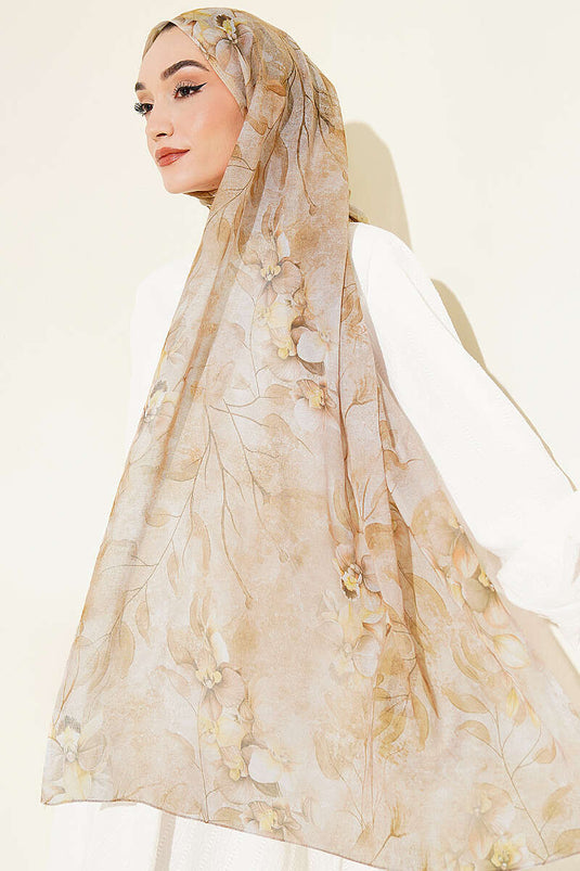 Beige Botanisch Bloemendessin Bamboe Sjaal