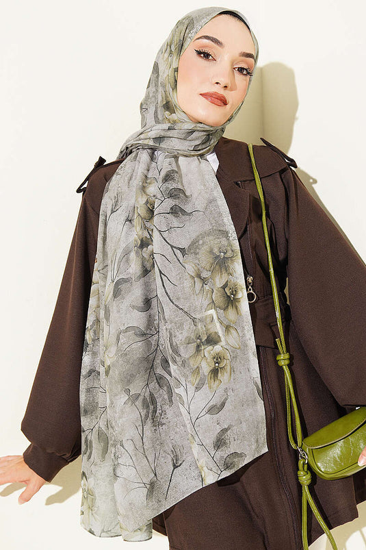 Botanical Floral Patterned Bamboo Shawl Navy