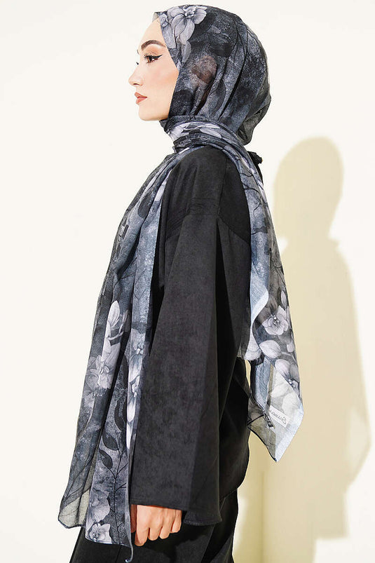 Schwarzer Bambus-Schal Mit Botanischem Blumenmuster