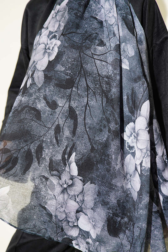 Schwarzer Bambus-Schal Mit Botanischem Blumenmuster