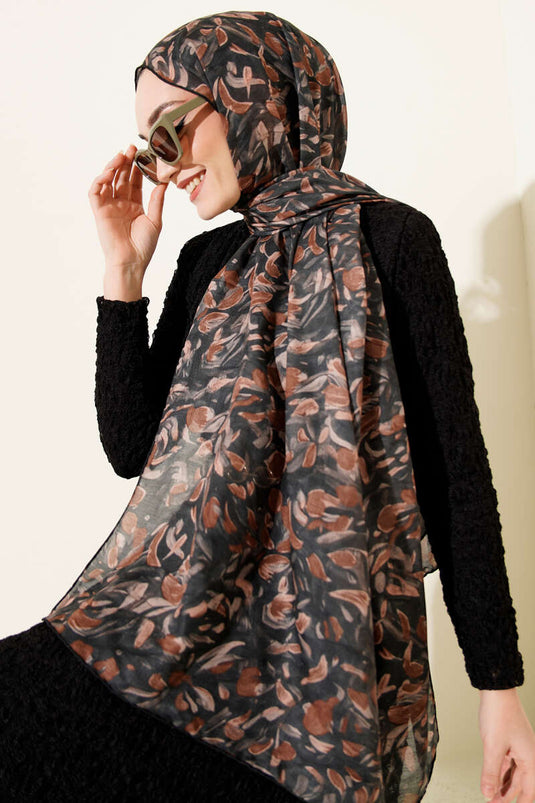 Botanik Desen Demore Şal Siyah