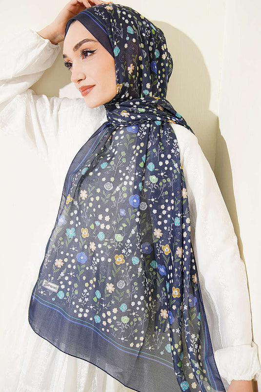 Châle doux à motif botanique bleu marine
