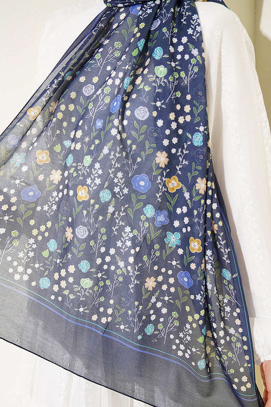 Châle doux à motif botanique bleu marine